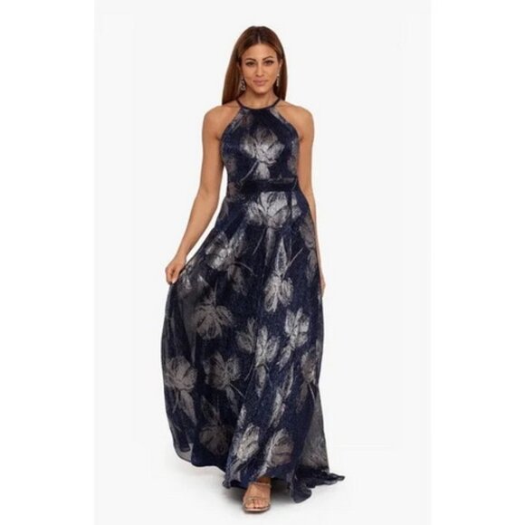 Betsy & Adam Navy Blue Gunmetal Metallic Sleeveless Gown